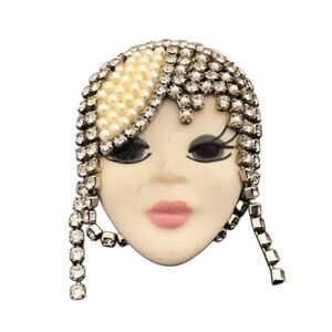 Vintage Beatriz Signed Porcelain Swavorski Crystal & Faux Pearl Flapper Brooch